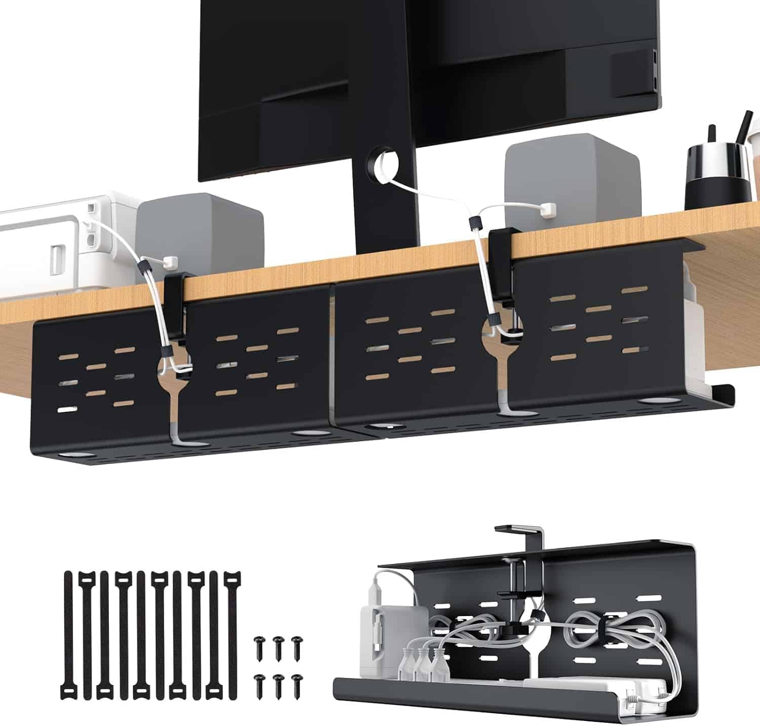 2. Yecaye Under-Desk Cable Management Tray (2-Pack)